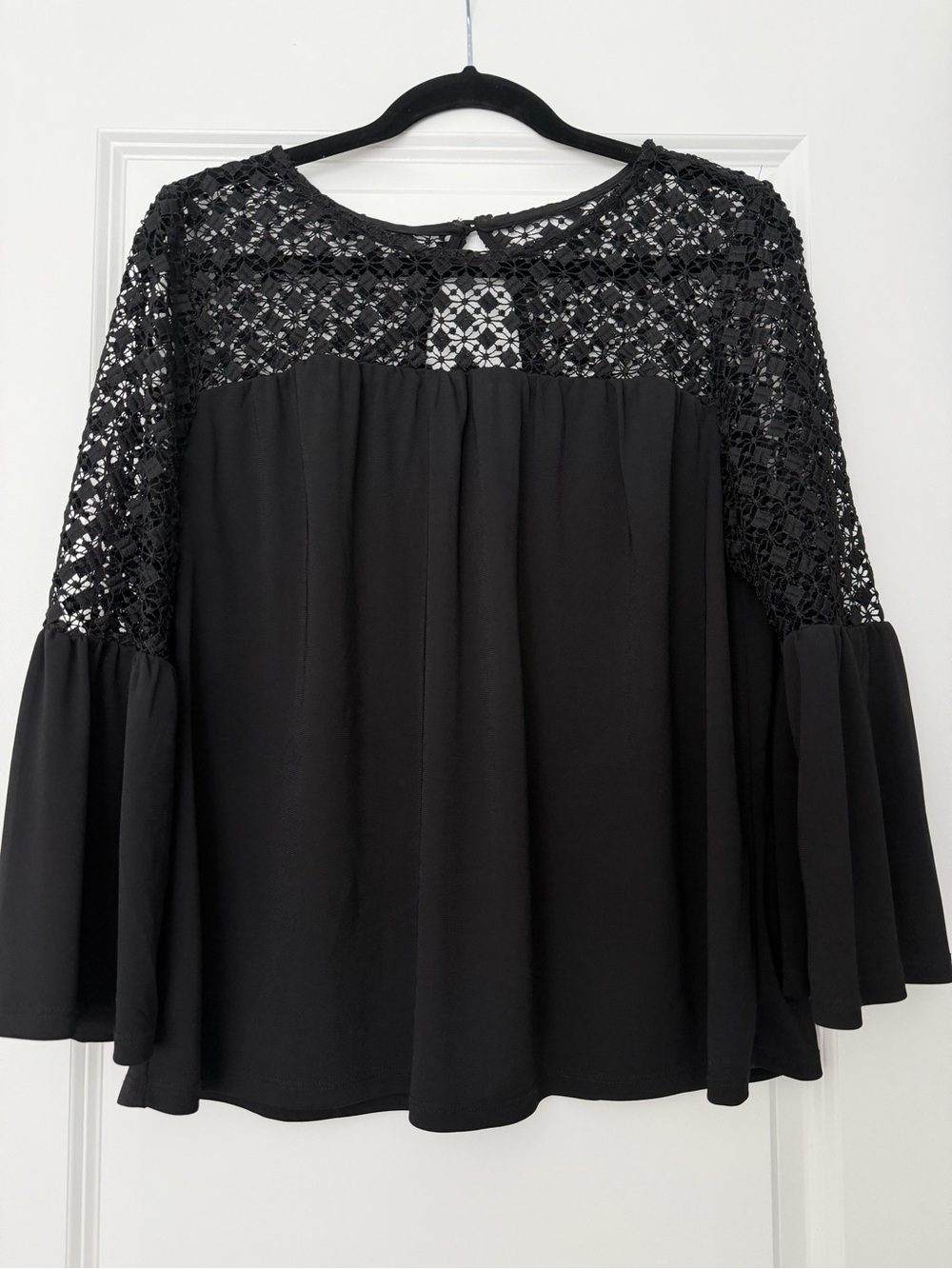 White House Black Market Black Crochet Yoke Bell Sleeve Top
